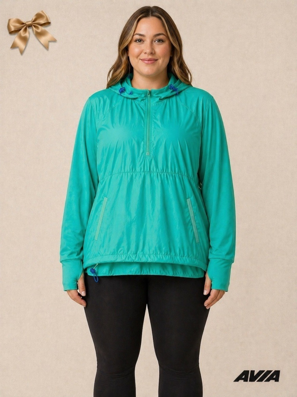 Avia Lightweight Hooded Windbreaker Pullover Jacket 3X Green Activewear Plus